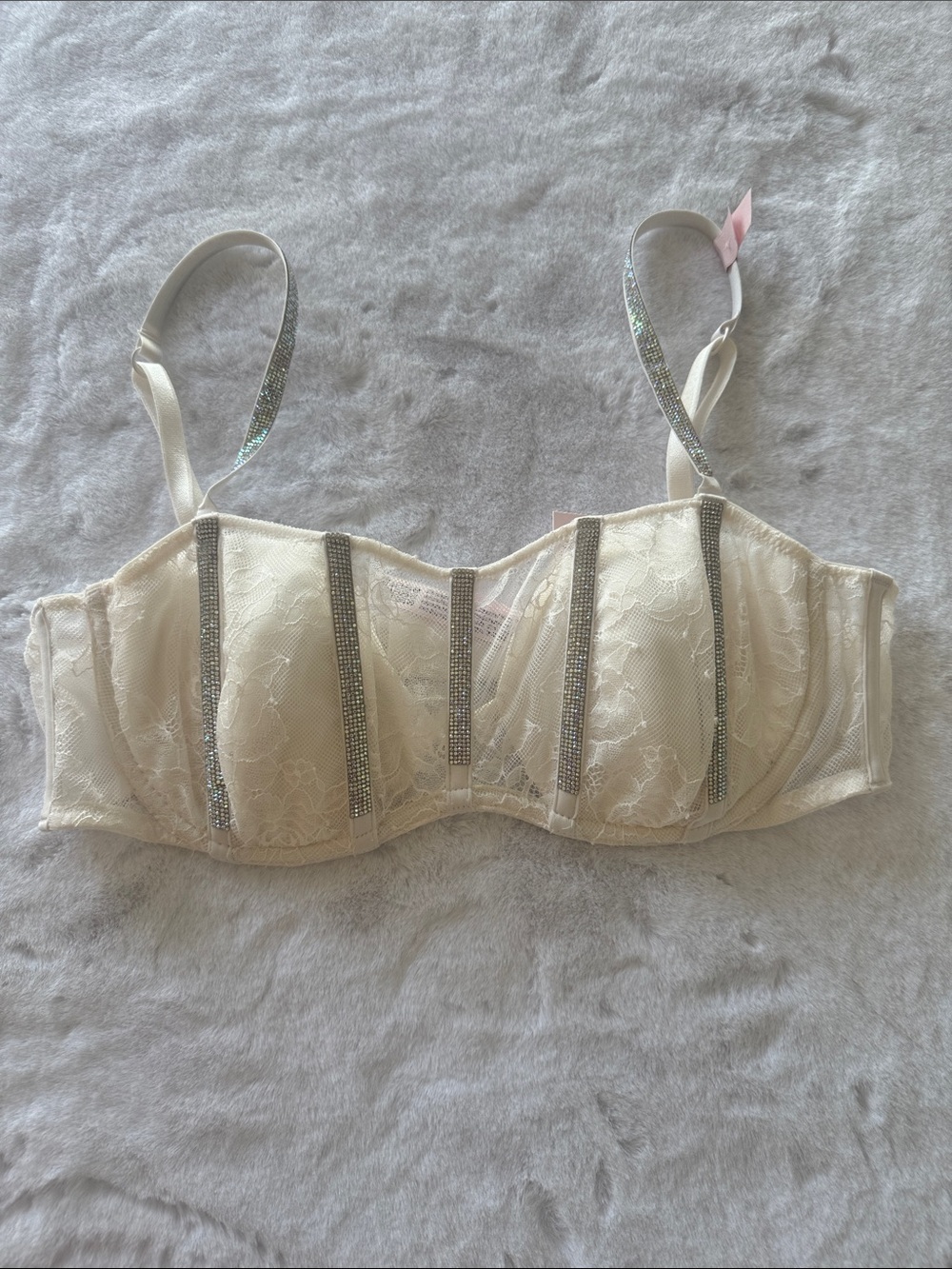 Victoria's Secret Cream Lace Balconette Bra with Rhinestone Straps